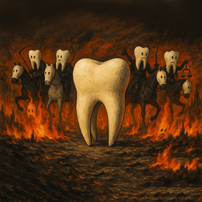 Un dente enorme viene rincorso da quattro cavalieri denti del giudizio, dietro le fiamme come sfondo
