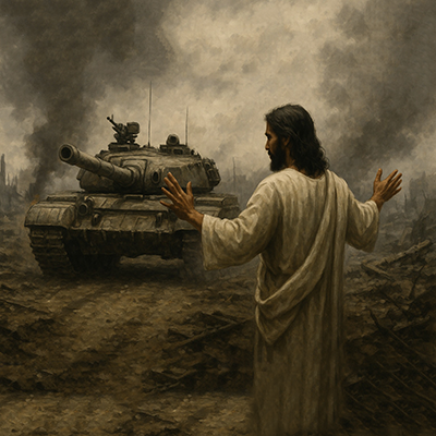 Gesù con le braccia aperte cerca di fermare un carroarmato