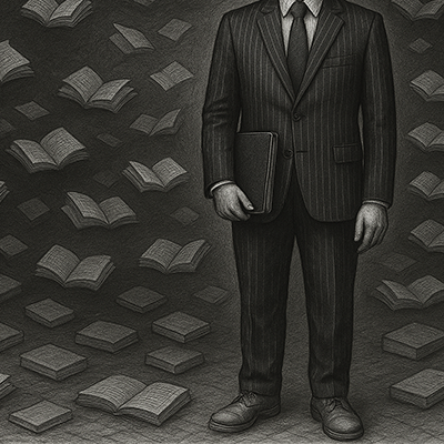 Un uomo ben vestito tiene in mano una cartellina, tutto intorno libri aperti e chiusi.